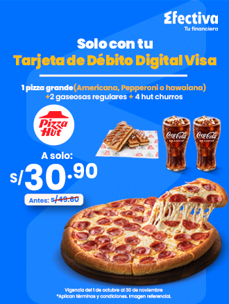 1 Pizza grande con 2 gaseosas y 4 hut churros a solo S/30.90